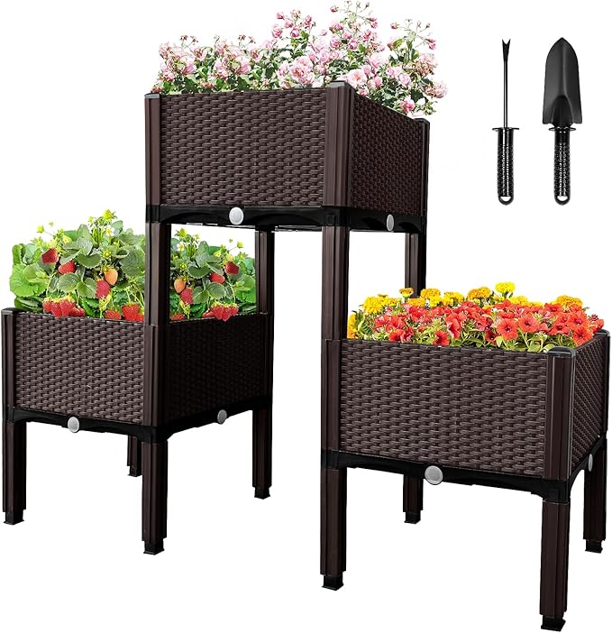 MAYOLIAH Raised Garden Bed with Drainage Elevated Planter Box Plastic Raised Beds for Gardening Vegetables Herb Flowers, Perfect for Indoor Outdoor Planting, 3 Boxes Brown