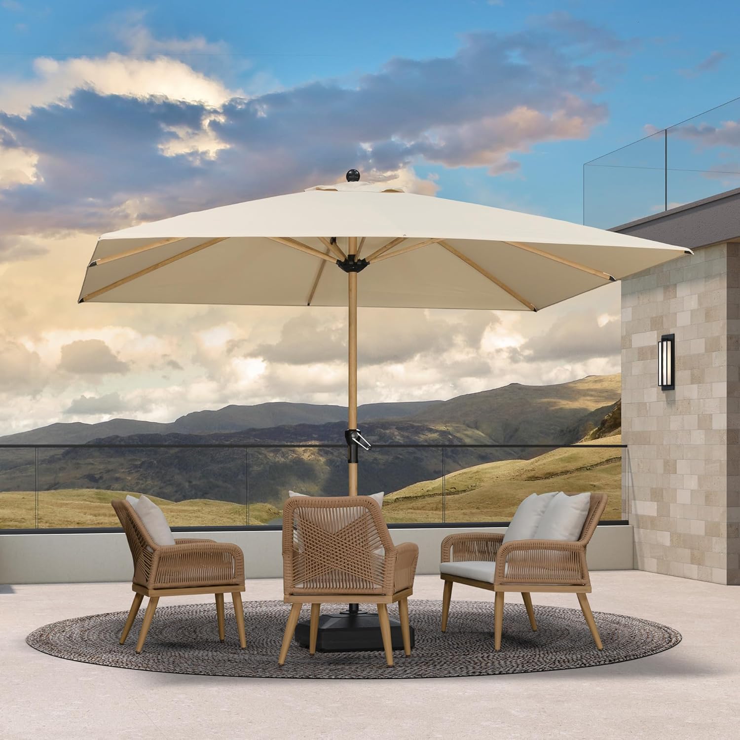 PURPLE LEAF 10' x 10' Square Patio Umbrella with Base Outdoor Umbrella Market Umbrella with Crank & 8 Ribs Aluminum Outdoor Table Umbrella for Pool Deck Backyard, Beige