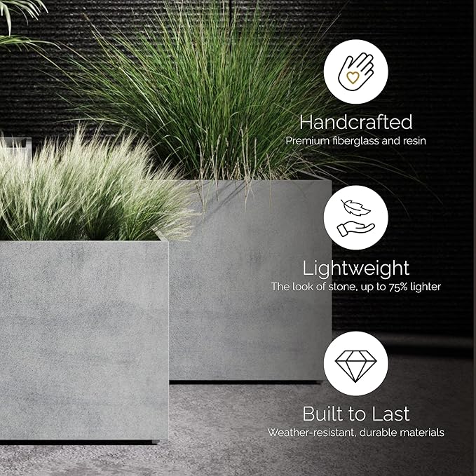 Reglito Cube Planter – Fiberglass Indoor/Outdoor and Weather-Resistant Large Planter (Grey Stone, 31.5" L x 31.5" W x 32.1" H)