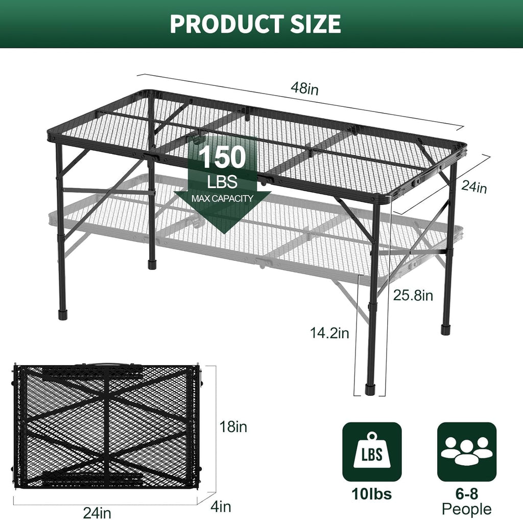 Folding Gril Table, 4x2 FT Camping Table with Mesh Desktop,Height Adjustable Folding Grill Table with Mesh Bag,Portable Outdoor for Picnic,Camping,BBQ,Beach(Black)