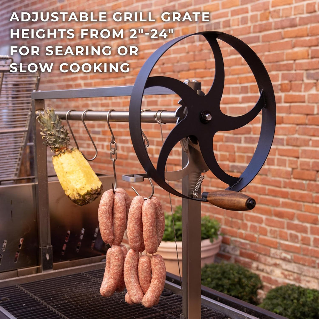Backyard Discovery Argentine Santa Maria XL Wood Fire & Charcoal Steel BBQ Grill with Asado Clamp, Adjustable Grill Grates, Brasero, Fire Bricks, S-Hooks, Acacia Wood Table for Outdoor Gaucho Grilling