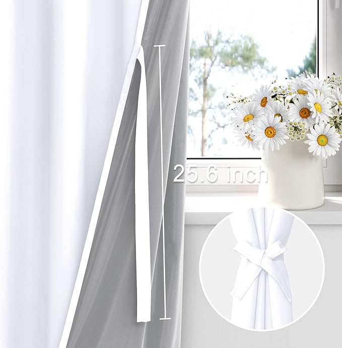 XWZO 100% Blackout Curtains 63 Inches Length with Tiebacks- Full Shade Window Drapes Thermal Insulated Double Layer with Black Liner for Bedroom/Living Room, Rod Pocket, White, W52 x L63, Set of 2