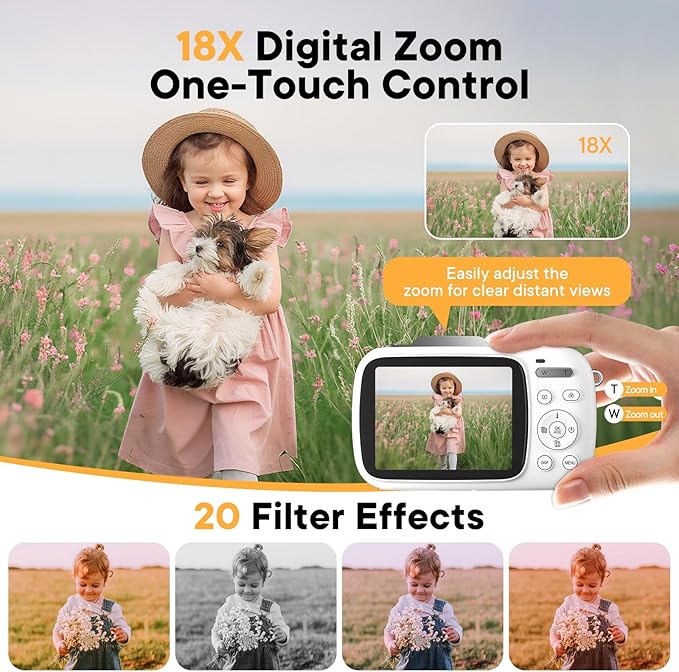Digital Camera 4K 64MP - Vlogging Camera for Kids & Beginners | 18X Zoom Point and Shoot Camera Anti Shake, Compact with Flash, Gift for Boys Girls(White+Silver)