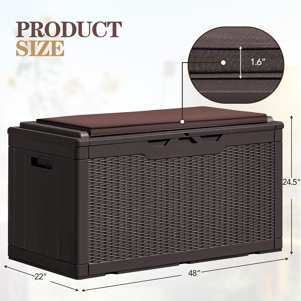 Greesum 100 Gallon Resin Deck Box Large Outdoor Storage Boxes with Cushions for Garden Tools, Patio Furniture Pillows, Pool Supplies, Dark Brown