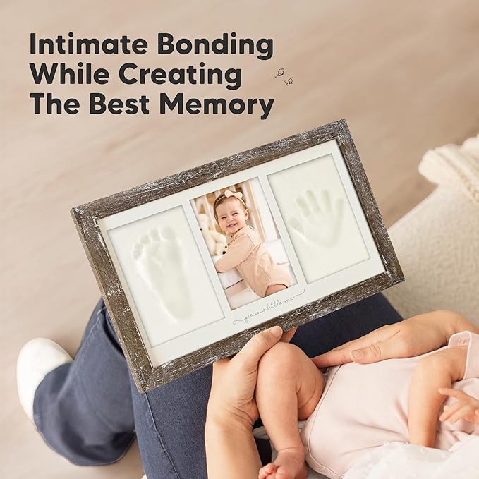Baby Hand and Footprint Kit - Clay Handprint Keepsake Frame, Newborn Nursery Picture Frame, Personalized New Mom Gifts for Baby Shower & Registry (Barnwood)