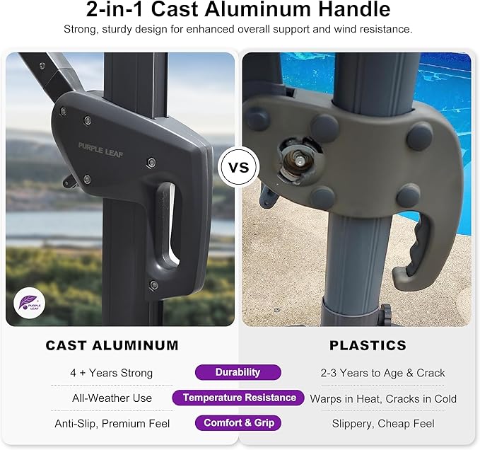 PURPLE LEAF 10' X 13' Patio Umbrella Large Rectangle Outdoor Aluminum Cantilever Umbrella with 3-Year Fade Resistance Recycled Fabric and 360-degree Rotation for Deck Pool Garden, Graphite Grey