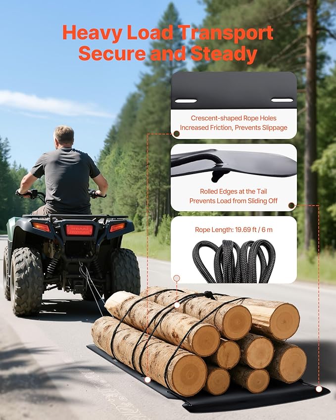 VEVOR Yard Drag Sled, 90 x 46 in, 1500lbs Heavy Duty Utility Sled, HDPE Drag Glider with Ropes & Pull Cables, Hand & Vehicle Use Game Hauler for Firewood Ice Fishing,Compatible with ATVs UTVs Tractors