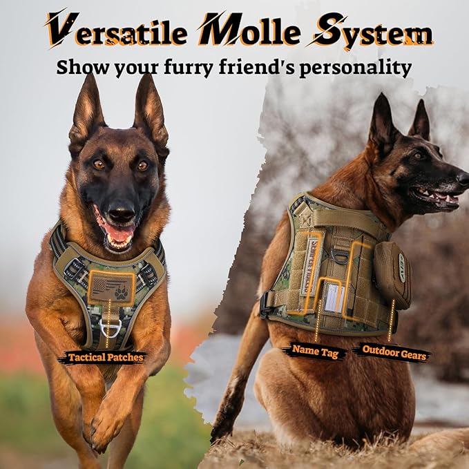 rabbitgoo Dog Harness Small Sized No Pull, Tactical Service Pet Vest with Molle and Control Handle, Adjustable and Reflective Military Harness for Easy Walking and Training, Brown camo, S