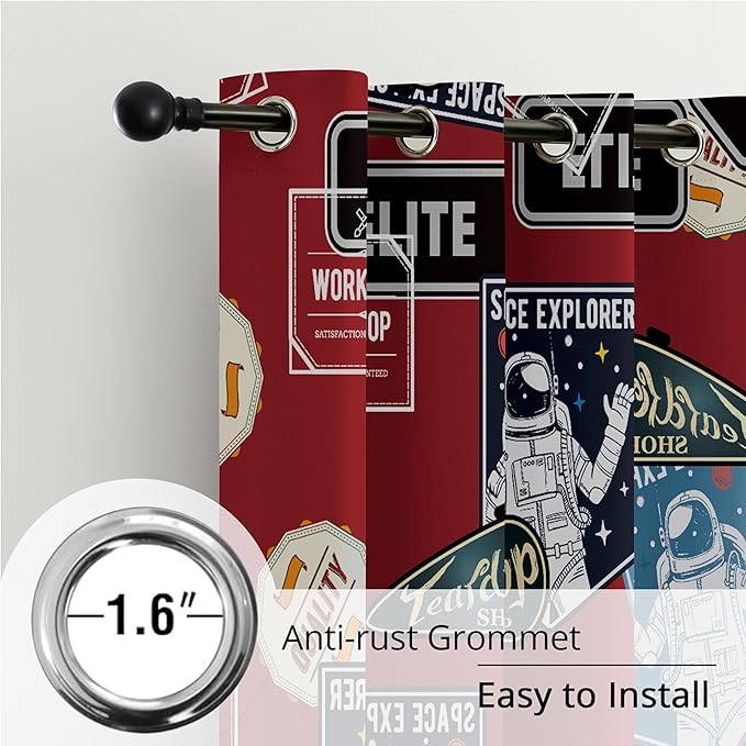 Kids Space Astronaut Blackout Curtains - 100% Blackout, Thermal Insulated, Noise Reducing, Perfect for Kids Room and Nersurys, 2 Panels (Space Badge Crew, W52×L63)