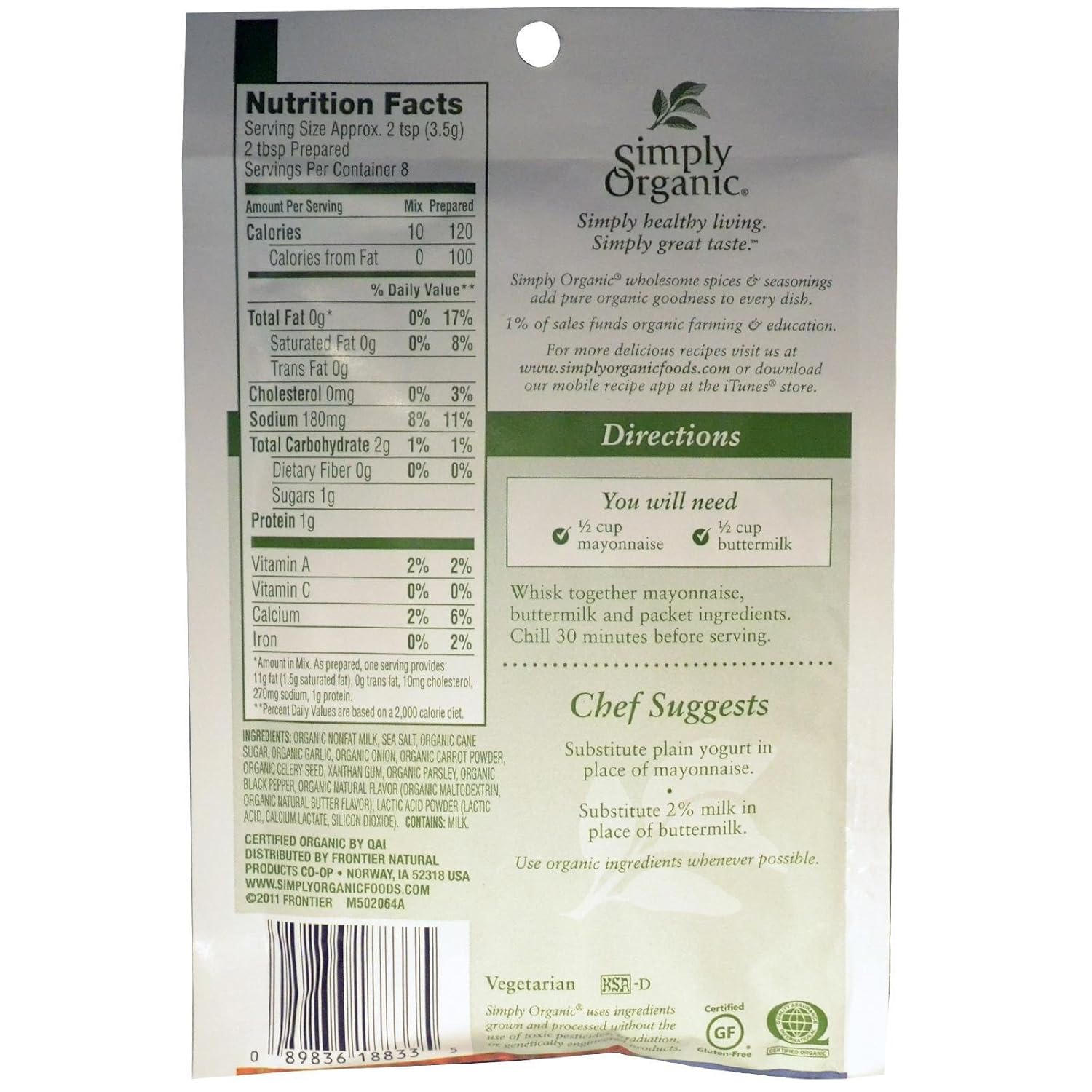 Simply Organic Ranch Salad Dressing Mix, Case of 12, 1 Oz. Packets