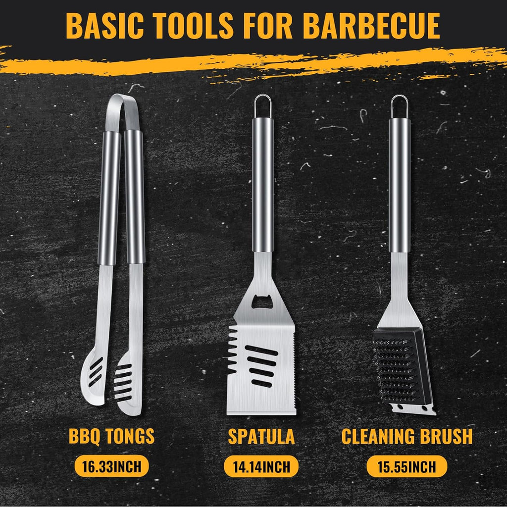 BBQ Tool Grilling Accessories, 16-Inch Stainless Steel BBQ Grill Tools Set for Men, Heavy Duty Grilling Accessories Kit for Camping, Kitchen, 3 PCS Extra Thick Barbecue Utensil