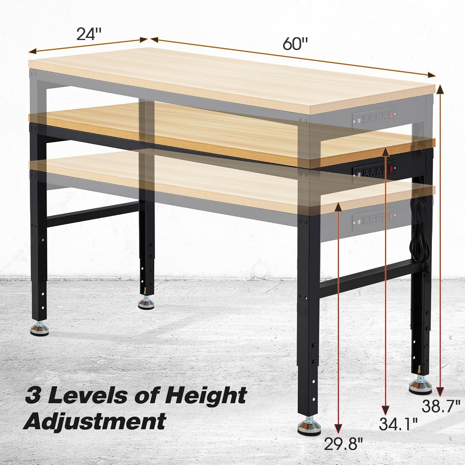 60” Adjustable Workbench，Heavy Duty Wood Work Bench 2000 Lbs Load Capacity,Work Table with Power Outlet for Garage, Workshop, Office, Home
