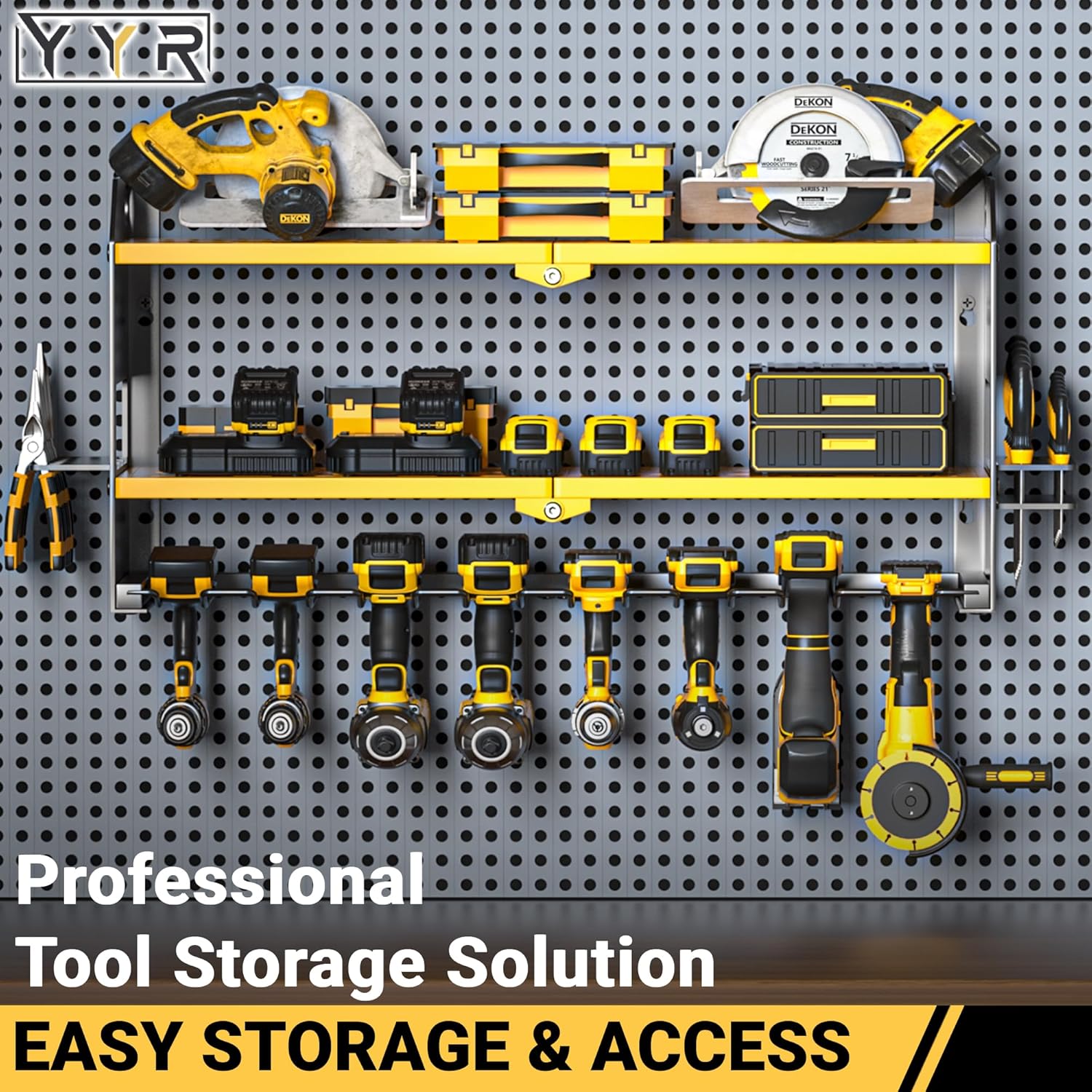 YYR Power Tool Organizer Wall Mount, Cordless Drill and Battery Holder, Electric Tools Hanger Storage Rack with Charging Station, Garage Organization Floating Shelf - Made of Heavy Duty Metal, Yellow