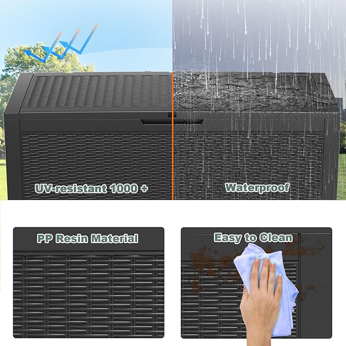 DRATO 100 Gallon Large Deck Box, Outdoor Storage Box for Patio Furniture, Patio Cushions, Gardening Tools, Pool Supplies,660lbs Weight Capacity,Waterproof Resin Storage Boxes