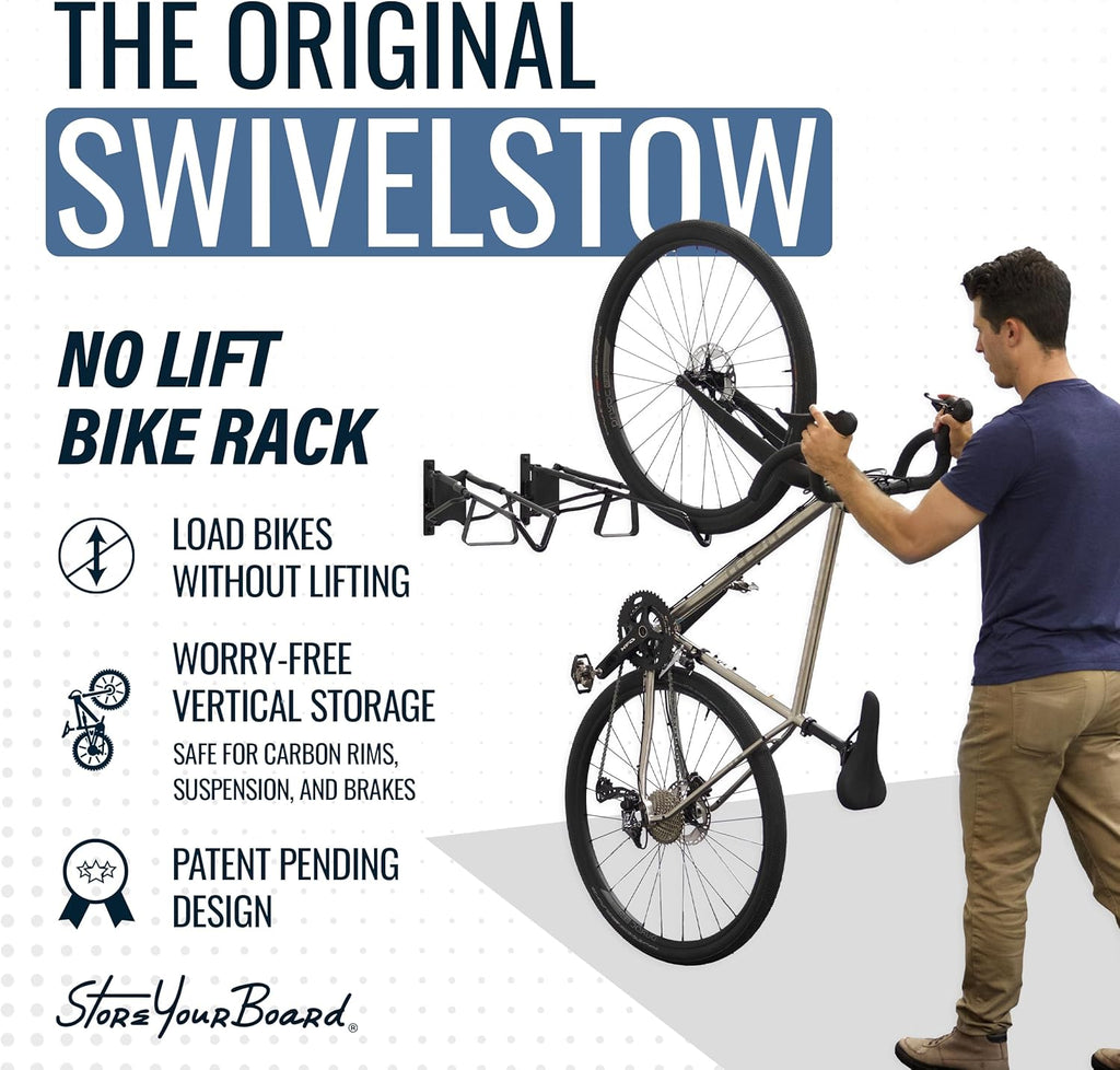 StoreYourBoard SwivelStow Mountain Bike Storage Rack 2 Pack – Heavy Duty Bike Hanger, No-Lift Bike Wall Mount for Garage Bike Storage, MTB and E-Bike, Holds 70 lbs, Patent-Pending