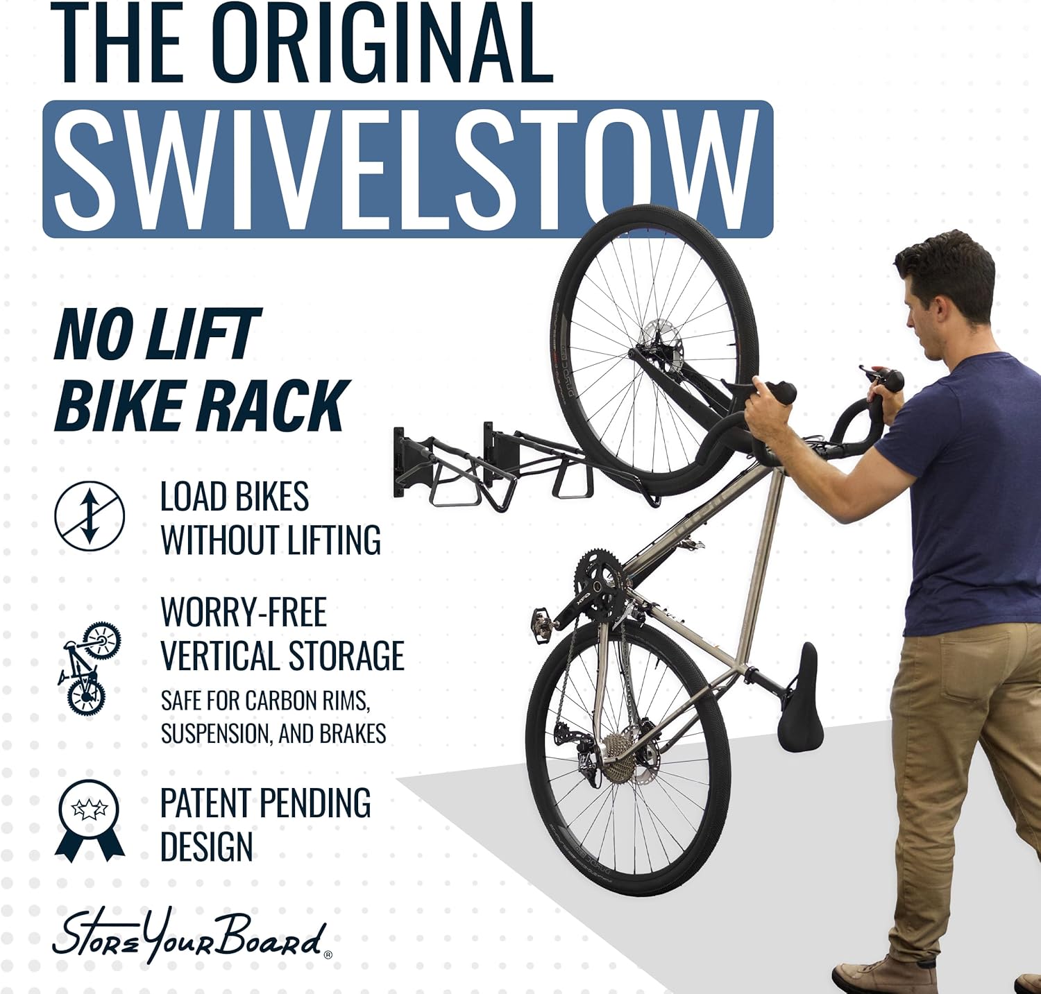 StoreYourBoard SwivelStow Mountain Bike Storage Rack 2 Pack – Heavy Duty Bike Hanger, No-Lift Bike Wall Mount for Garage Bike Storage, MTB and E-Bike, Holds 70 lbs, Patent-Pending