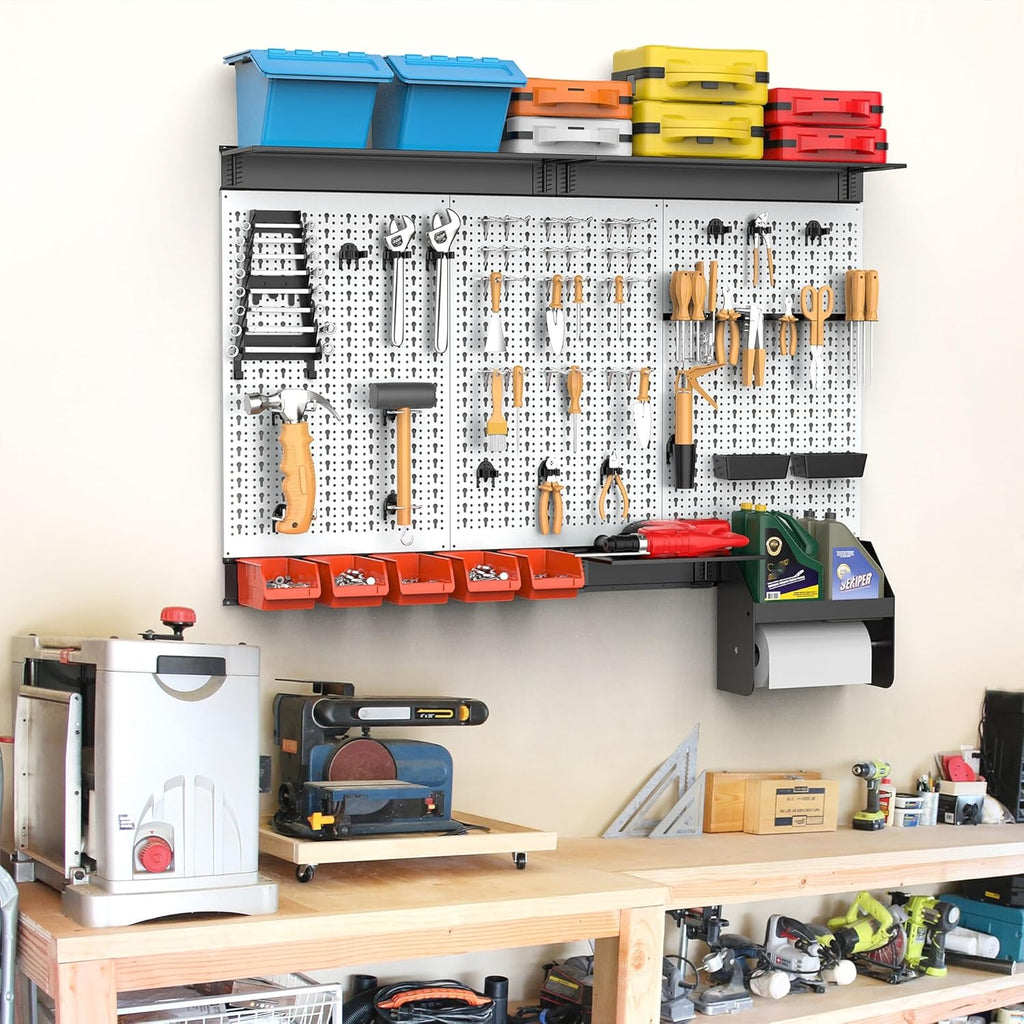 TORACK Pegboard Wall Organizer 4 ft. Garage Metal Pegboard Tool Organizer System, Tools Storage Peg Board Kit with Hooks and Accessories, Wall Mounted Storage Bins, Overhead Shelves