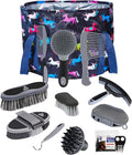 Harrison Howard Horse Grooming Kit 11-Piece Equine Care Series Horse Brush Sets with Organizer Tote Bag Tack Room Supplies Shedding Grooming Massaging Tools Black Brushstroke Ponies
