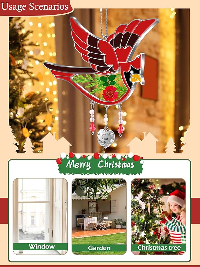 KY&BOSAM Cardinal Suncatcher A Special Aunt Had-Painted with Pressed Real Flower Wings Mother's Day Glass Hanging for Window Ornament with Metal Heart Charm Birthday Gift for Women Unique