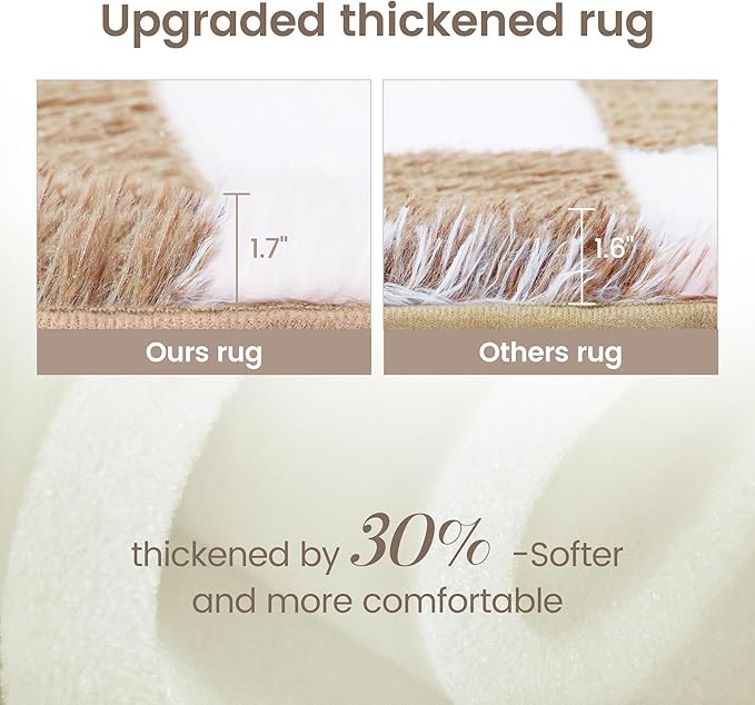 Super Soft Rug for Bedroom, 8x10 Ft Beige and White Area Rug Classic Checkered Shaggy Anti-Skid High Pile Soft Fluffy Rug Fuzzy Carpet for Living Room Bedroom Kids Room Nursery, Dorm Home Decor