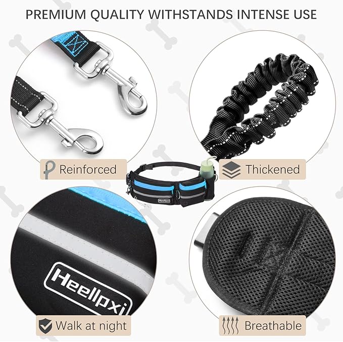 Hands-Free Waist Leash with Pouch for Two Dogs,Reflective Stitching, Dual Handle & Bungee Retractable Design – Ideal for Medium to Large Dogs (Blue) – Dog Walking Accessories