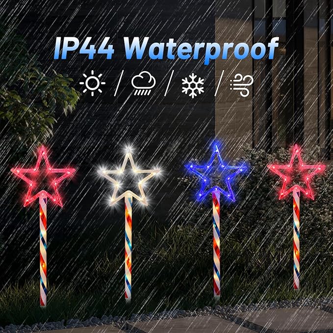 Solar Pathway Lights Outdoor 4th of July Decorations, 2 Sets of 6 Red White and Blue Star Walkway Lights With 180 LED, Waterproof Remote Control Timed Patio for Lawn Garden Decor