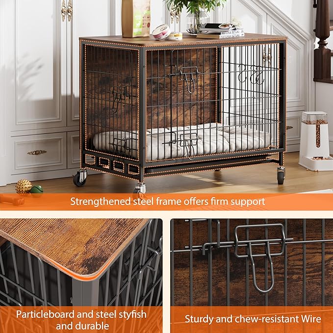 Dog Crate Furniture, 27.2" Small Dog Kennel Wooden Dog Crate with Pull-Out Tray, Double Doors, Modern End Table for Small/Medium Dogs, Grey