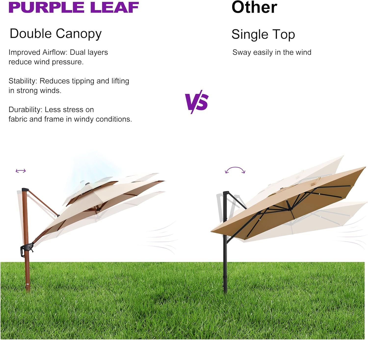 PURPLE LEAF 10ft Patio Umbrella Outdoor Round Umbrellas Large Cantilever Umbrella Windproof Offset Umbrellas Heavy Duty Sun Umbrella for Garden Deck Pool Patio, Beige