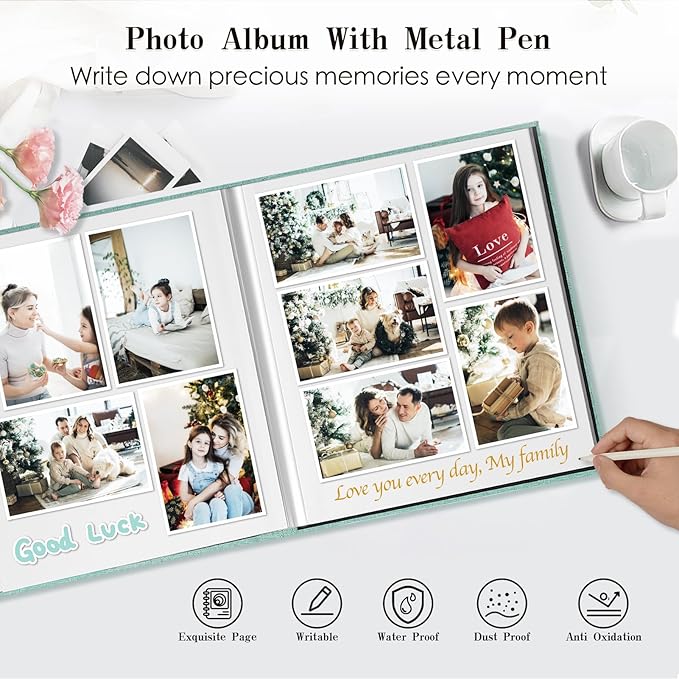 Spbapr Large Photo Album Self Adhesive 4x6 5x7 8x10 10x12 Pictures Magnetic Scrapbook 40 Blank Pages Linen Cover DIY Album with A Metal Pen Turquoise