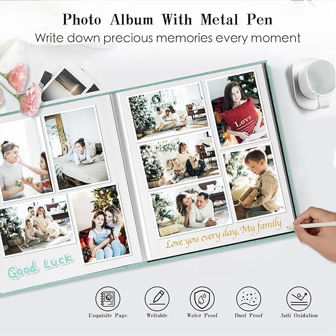 Spbapr Large Photo Album Self Adhesive 4x6 5x7 8x10 10x12 Pictures Magnetic Scrapbook 40 Blank Pages Linen Cover DIY Album with A Metal Pen