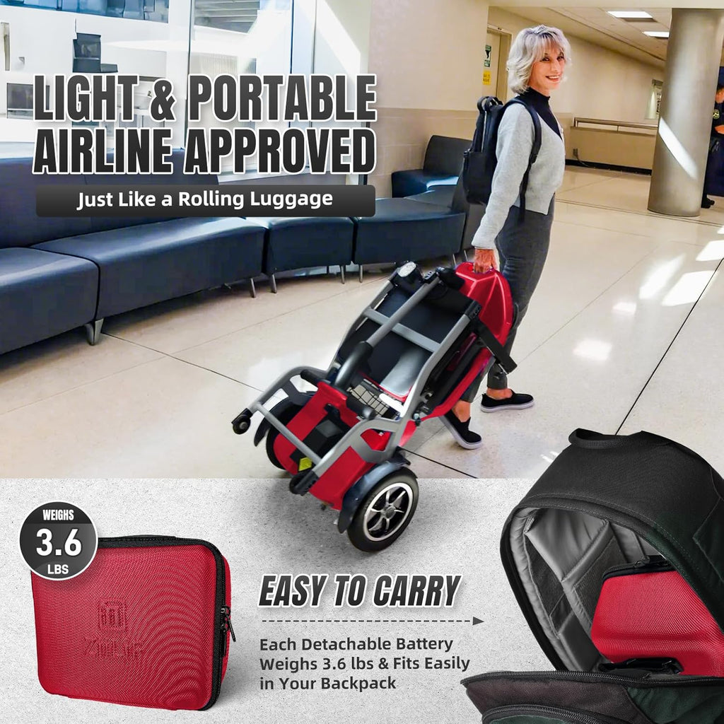 R3b-Mobility Scooters for Seniors Adults Ultra Lightweight Electric Powered Folding 4 Wheel Mobility Scooter with Headlight Cup Holder, Compact & Convenient for Travel Airline Approved, Red