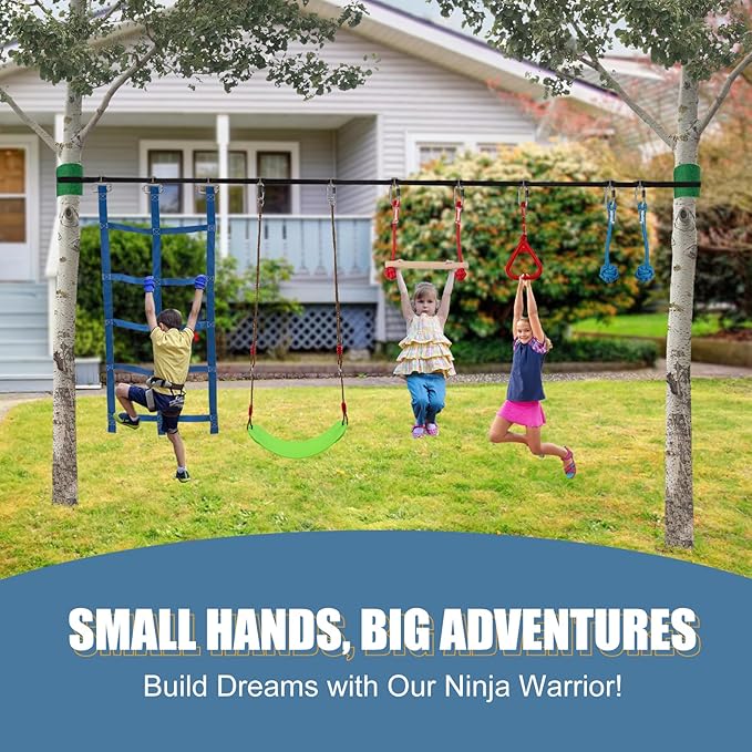 Slsy 60FT Ninja Warrior Obstacle Course with 10 Obstacles, Ninja Slackline Kit for Kids, Durable Playset Equipment for Boys & Girls with Monkey Bar, Swing, Climbing Ladder & Net