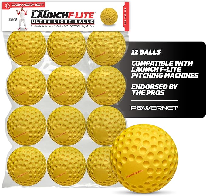 PowerNet Launch F-lite Softball & Baseball Pitching Machine, Dimpled Practice Balls, Bucket of Baseballs, Coaching Bucket Bundle for Pitching Machine, Baseball Training Equipment