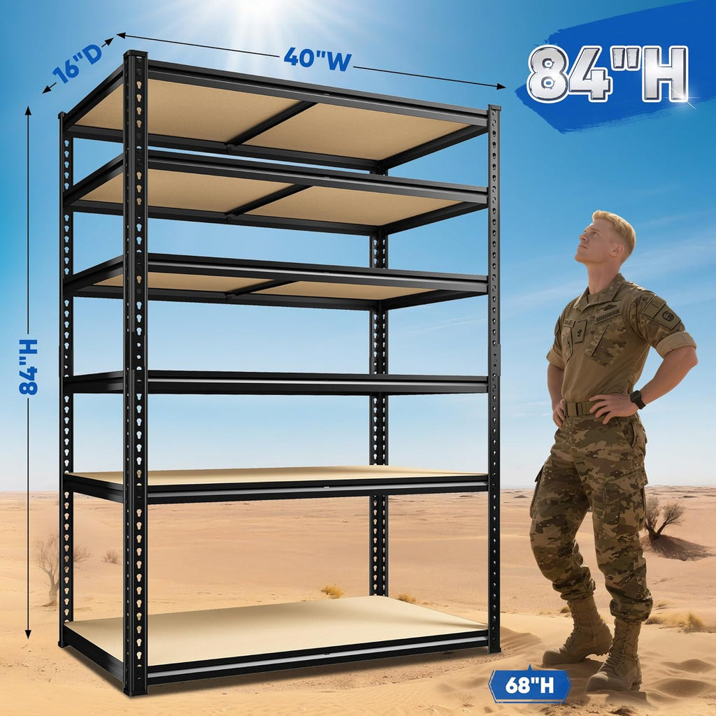 84" H Garage Shelving, 6 Tier Storage Shelves Load 3000 lbs, Adjustable Garage Shelves, Metal Shelving Unit for Warehouse, Basement, Pantry, 40" Wx 16" D x 84" H, Black