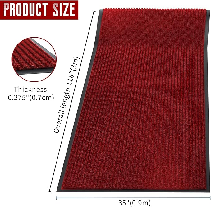 Rubber Door Mat About W3' ×L10' Heavy Duty Large Outdoor Indoor Mat Durable Entrance Doormat Waterproof Rubber Back Rugs for Home Entryway Patio Porch Office Business Areas (Wine Red)