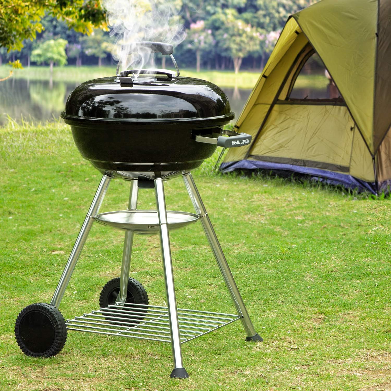 BEAU JARDIN Charcoal Grill 18 Inch for Outdoor Cooking BBQ Barbecue Coal Kettle Bowl Grill Portable Heavy Duty Round with Wheels Grilling for Tailgating Patio Backyard Camping Black BG4691