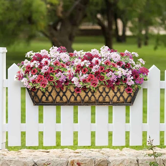 Window Boxes Planters: 2 Pack 24 Inch Railing Planter Box with Adjustable Brackets for Porch Fence Patio Balcony Hanging Flower Baskets with Coco Liners for Outdoor Garden Decor - Bronze