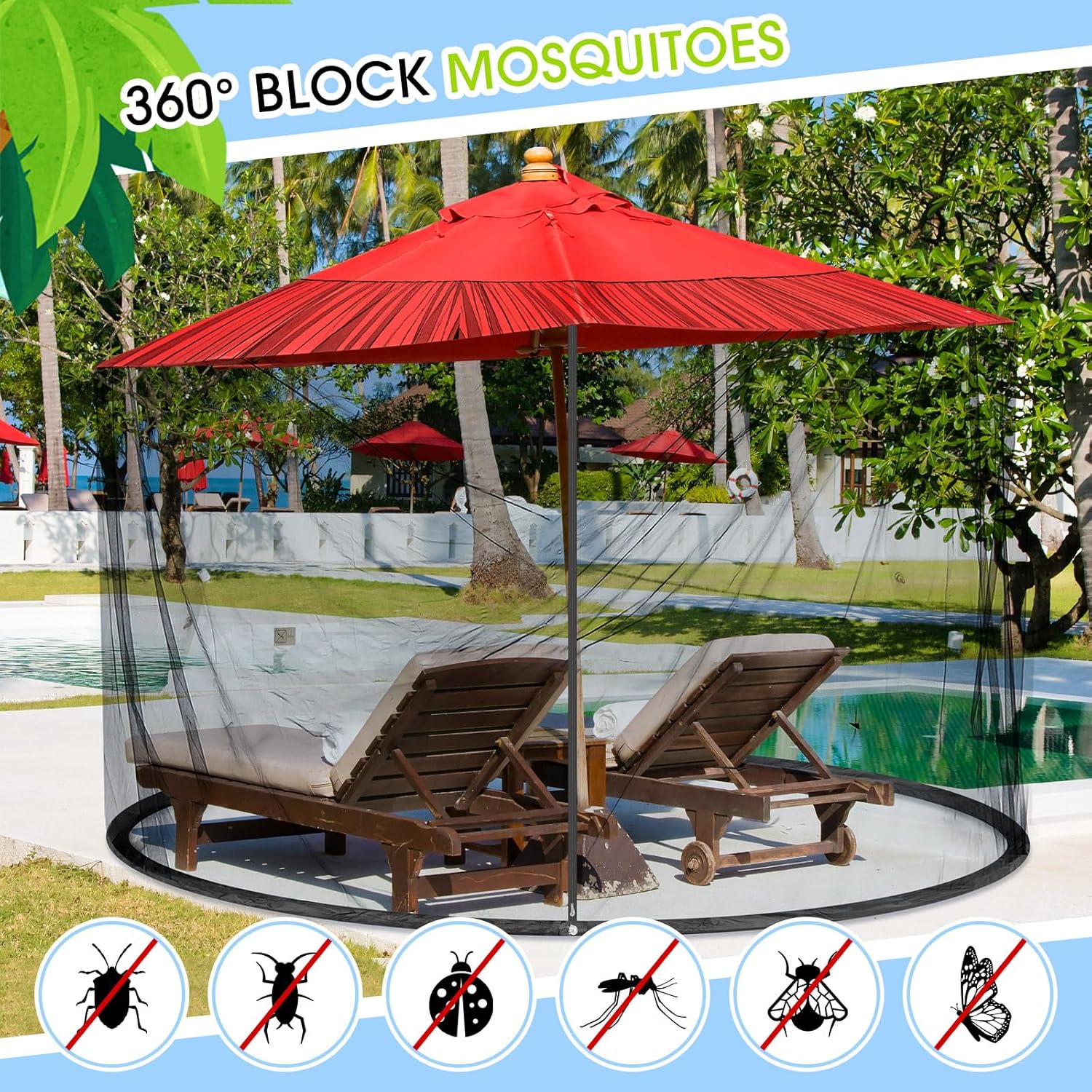 Windyun 2 Pcs 7 to 10 ft Patio Umbrella Mosquito Netting with Double Zipper Door, Screen Universal Hanging Mosquito Net for Patio Polyester Mesh Umbrella Screen for Outdoor and Patio Tables(Black)