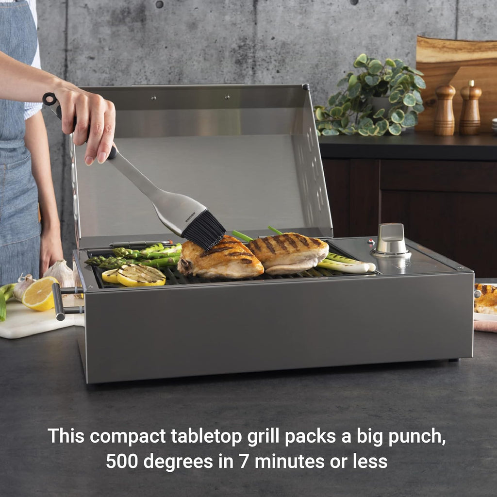Kenyon B70200 City Grill, Portable Grill, Stainless Steel, Single Burner, Knob Control, Faceted Lid, UL Approved For Use Indoors And Outdoors, Flame-Free, 120V