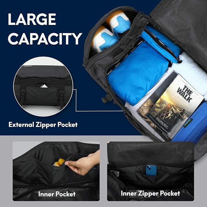 Haimont Duffle Backpack, Travel Duffel Bag with Shoes Compartment, Water-resistant Overnight Daybags for Men Women Daily Trip, Sports Gear, Gym, 45L, Black