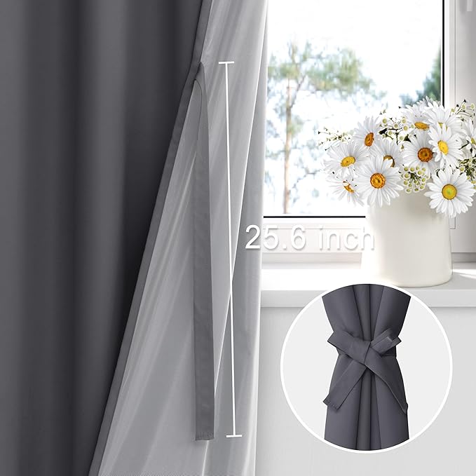 XWZO 100% Blackout Curtains 84 Inches Long with Tiebacks- Heat and Full Light Blocking, Thermal Insulated Window Panels for Bedroom/Nursery, Rod Pocket, Dark Grey, W52 x L84, Set of 2 Draperies