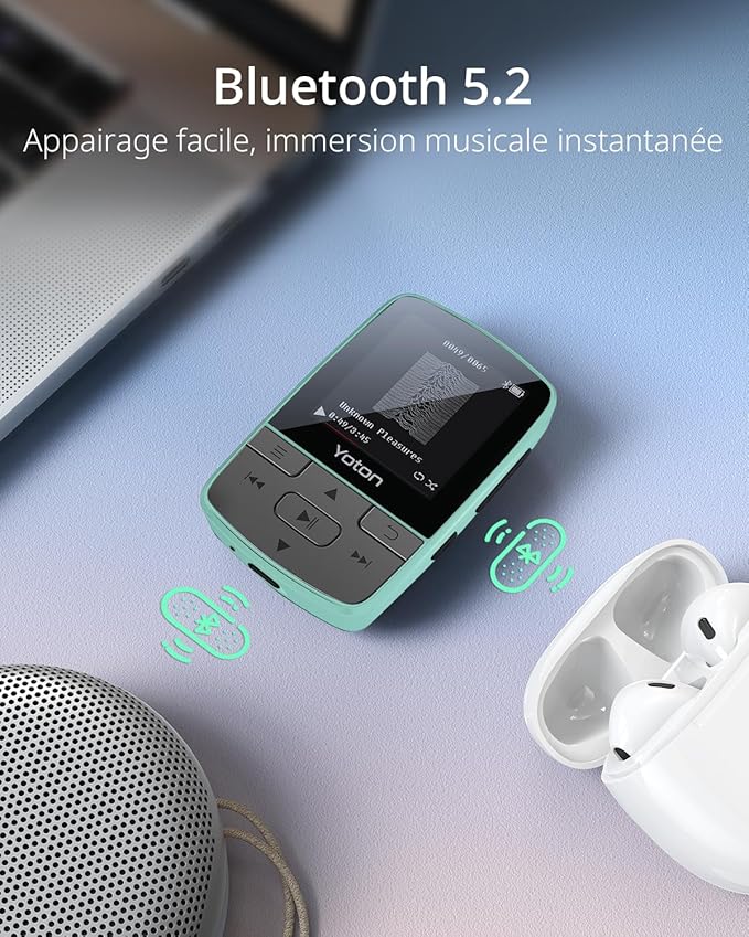 YOTON MP3 Player with Bluetooth 5.2, 64GB Storage, Mini Size, HiFi Music, with Sports Clip, Independent Volume Control, FM Radio, Includes Headphones (Green)