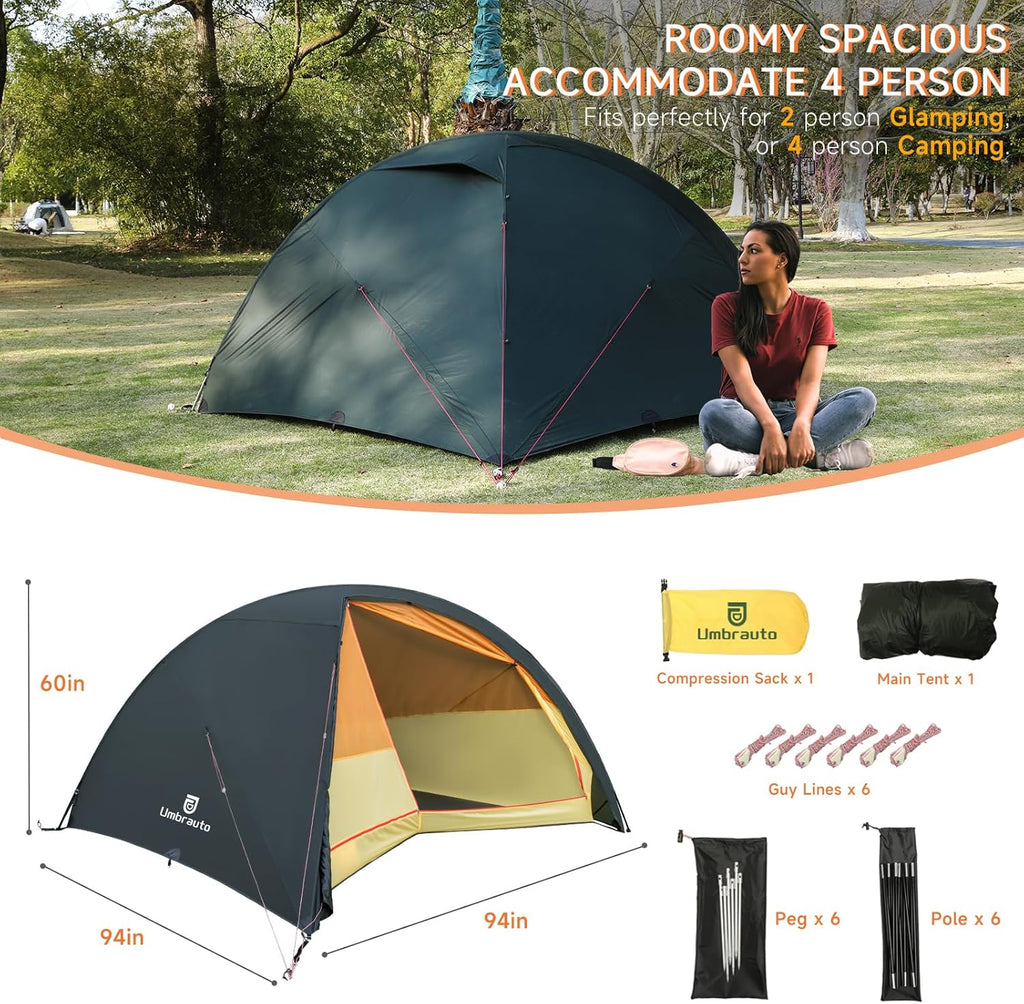 Umbrauto 4 Person Ultralight Camping Tent Waterproof 3-Season Dome Tent for Hiking, Backpacking & Outdoor Adventure