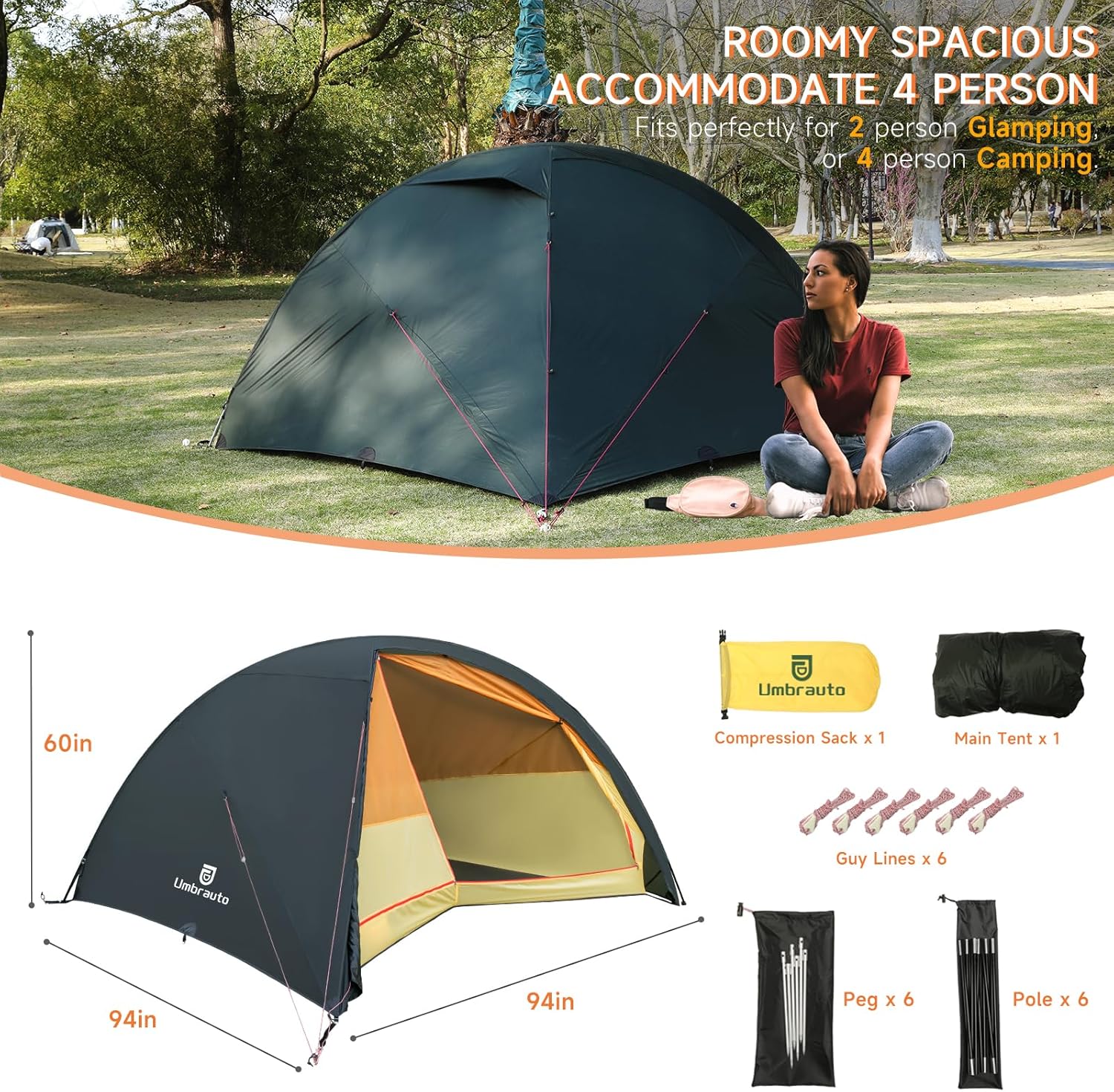 Umbrauto 4 Person Ultralight Camping Tent Waterproof 3-Season Dome Tent for Hiking, Backpacking & Outdoor Adventure
