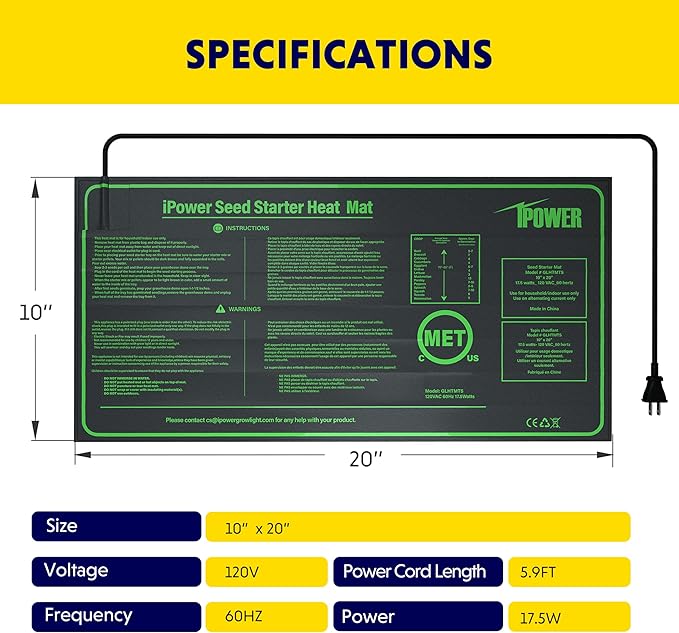 iPower Durable Seedling Heat Mat Warm 10" x 20" - 2 Pack Hydroponic Heating Pad Waterproof for Seed Starting Greenhouse and Germination