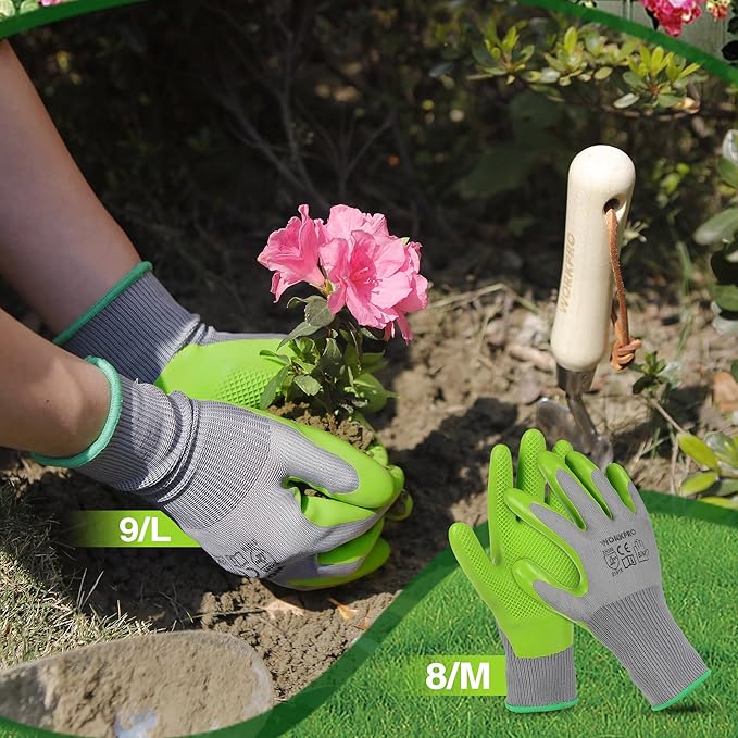 WORKPRO 6 Pairs Garden Gloves, Work Glove with Eco Latex Palm Coated, Gardening Gloves, Working Gloves for Weeding, Digging, Raking, and Pruning (Medium)