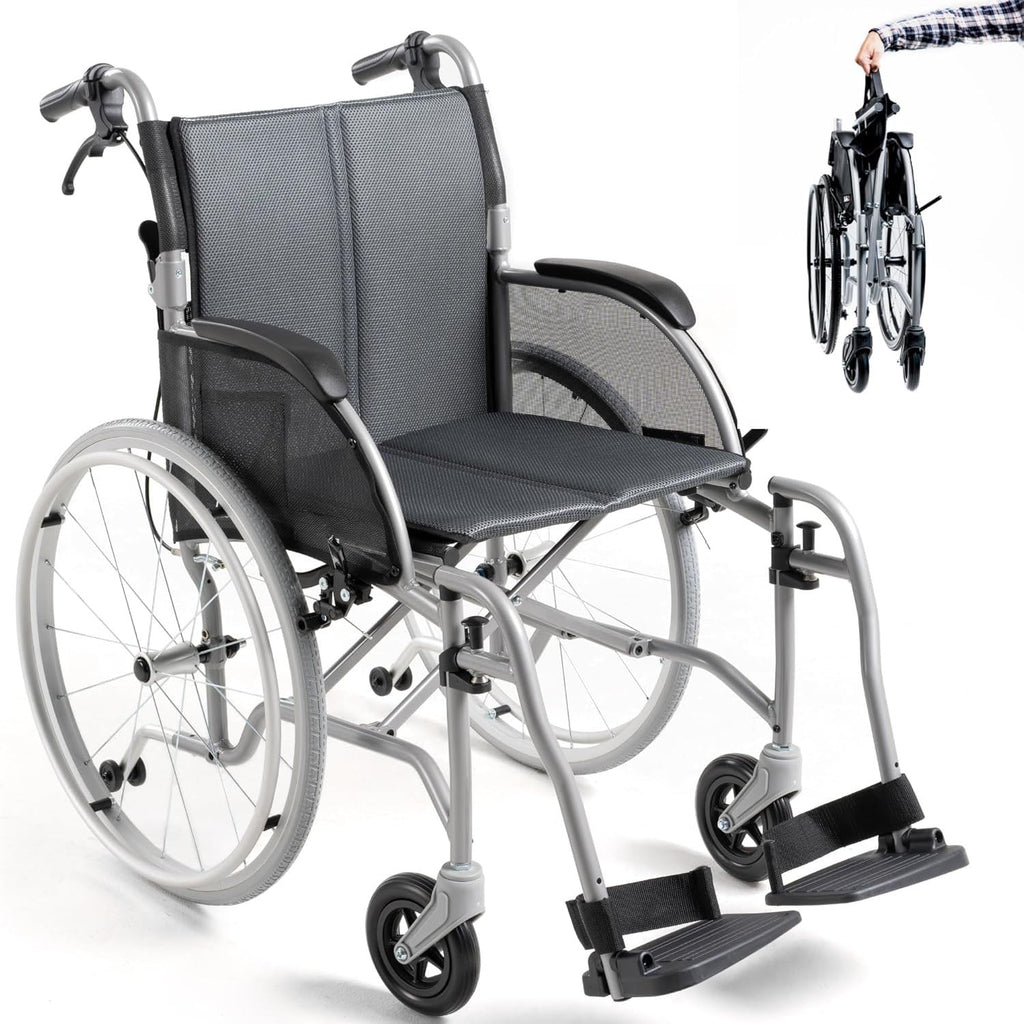 Gray Lightweight Folding Wheelchair 13.5 lbs - with Swingaway Legrests, Anti-tippers, and Quick Release Wheels - 250 lb Capacity