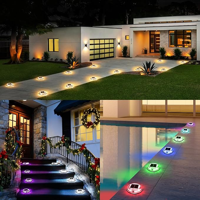 Quntis RGB Solar Deck Lights 4 Pack, 11 Lighting Modes Solar Driveway Lights Outdoor Waterproof IP68, Step and Deck Light for Outside Stair Pathway Walkway