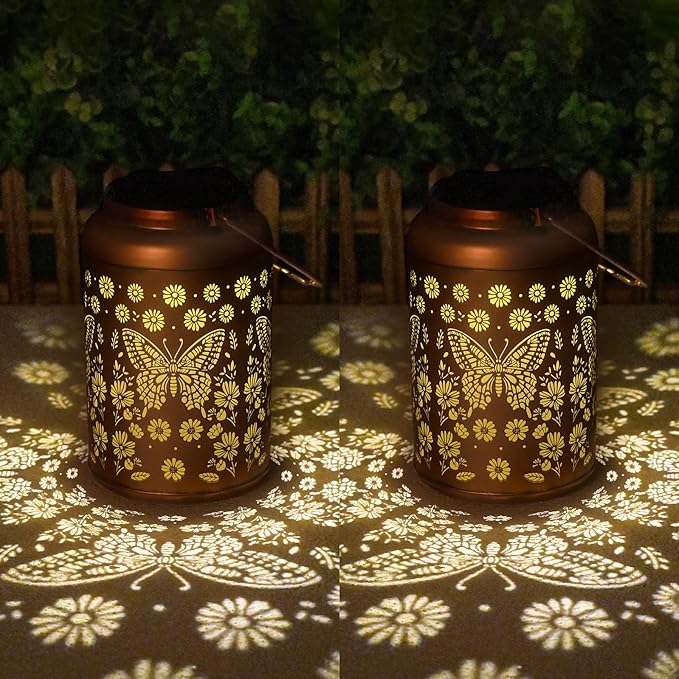 2 Pack Butterfly Solar Lanterns Outdoor Waterproof - Hanging Butterflies Solar Lights Garden Decor, Birthday Gifts for Women, Mom, Mothers Day Gifts, Outdoor Decor for Patio, Yard