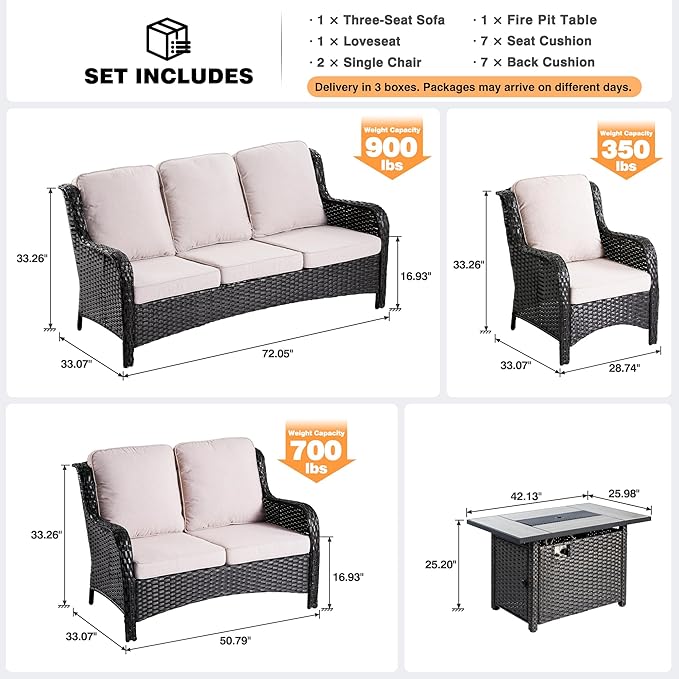 ovios 5 Pieces Patio Furniture Set with 42" Fire Pit Table, Outdoor Wicker Sofa with Loveseat, Comfy Cushions, High Back Couch Conversation Set, Brown Rattan, Beige